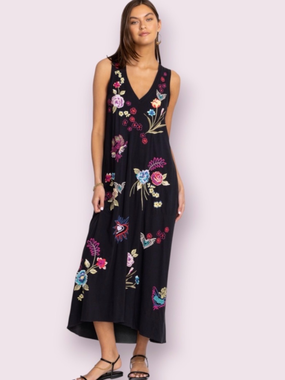 Johnny Was Jessi Knit V-Neck Maxi Dress Black Embroidered Size XXL